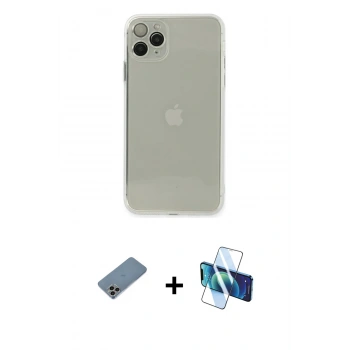 MARSİLYAN™- iPhone 11 Pro Max Kılıf Ahenk Doku - Siyah 3D Antistatik Seramik Nano Ekran Koruyucu + Shine Kamera Lens Koruma Cam - GI