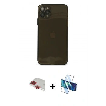 MARSİLYAN™- iPhone 11 Pro Max Kılıf Ahenk Doku - Siyah 3D Antistatik Seramik Nano Ekran Koruyucu + Pers Alüminyum Kamera Lens - KI