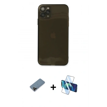 MARSİLYAN™- iPhone 11 Pro Max Kılıf Ahenk Doku - Siyah 3D Antistatik Seramik Nano Ekran Koruyucu + Metal Kamera Lens Koruma Cam - SH