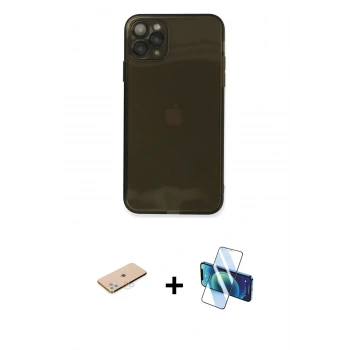 MARSİLYAN™- iPhone 11 Pro Max Kılıf Ahenk Doku - Siyah 3D Antistatik Seramik Nano Ekran Koruyucu + Renkli Kamera Lens Koruma Cam - MI