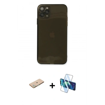 MARSİLYAN™- iPhone 11 Pro Max Kılıf Ahenk Doku - Siyah 3D Antistatik Seramik Nano Ekran Koruyucu + Renkli Kamera Lens Koruma Cam - YL