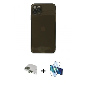 MARSİLYAN™- iPhone 11 Pro Max Kılıf Ahenk Doku - Siyah 3D Antistatik Seramik Nano Ekran Koruyucu + Pers Alüminyum Kamera Lens - YL
