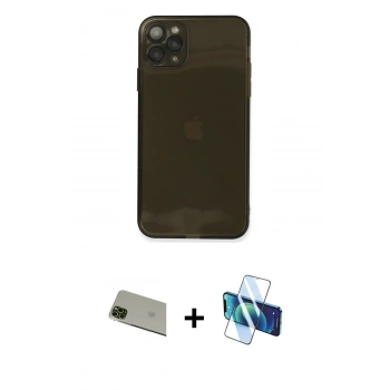 MARSİLYAN™- iPhone 11 Pro Max Kılıf Ahenk Doku - Siyah 3D Antistatik Seramik Nano Ekran Koruyucu + Rainbow Kamera Lens Koruma Cam - YL