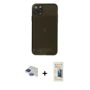 MARSİLYAN™- iPhone 11 Pro Max Kılıf Ahenk Doku - Siyah 6D Mat Seramik Hayalet Nano Ekran Koruyucu + Pers Alüminyum Kamera Lens - LT