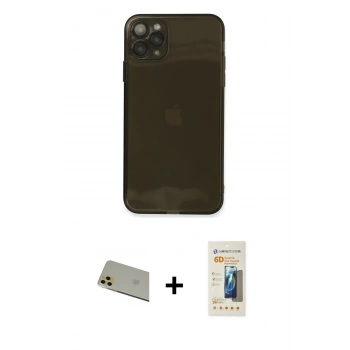 MARSİLYAN™- iPhone 11 Pro Max Kılıf Ahenk Doku - Siyah 6D Mat Seramik Hayalet Nano Ekran Koruyucu + Rainbow Kamera Lens Koruma Cam - GD