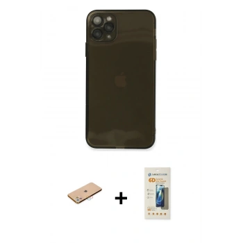 MARSİLYAN™- iPhone 11 Pro Max Kılıf Ahenk Doku - Siyah 6D Mat Seramik Hayalet Nano Ekran Koruyucu + Renkli Kamera Lens Koruma Cam - PE