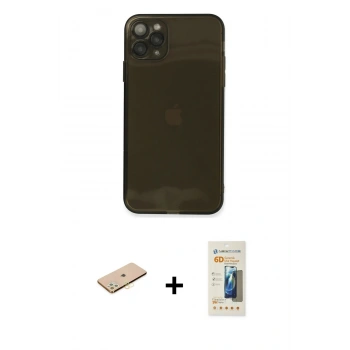 MARSİLYAN™- iPhone 11 Pro Max Kılıf Ahenk Doku - Siyah 6D Mat Seramik Hayalet Nano Ekran Koruyucu + Renkli Kamera Lens Koruma Cam - SI