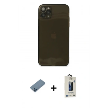 MARSİLYAN™- iPhone 11 Pro Max Kılıf Ahenk Doku - Siyah Bilvis Hayalet Cam Ekran Koruyucu + Shine Kamera Lens Koruma Cam - MI
