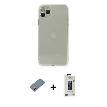 MARSİLYAN™- iPhone 11 Pro Max Kılıf Ahenk Doku - Siyah Bilvis Hayalet Cam Ekran Koruyucu + Metal Kamera Lens Koruma Cam - MR