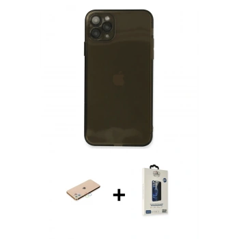 MARSİLYAN™- iPhone 11 Pro Max Kılıf Ahenk Doku - Siyah Bilvis Hayalet Cam Ekran Koruyucu + Renkli Kamera Lens Koruma Cam - MI