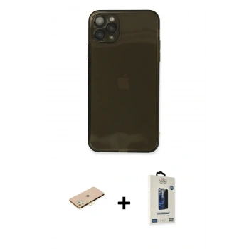 MARSİLYAN™- iPhone 11 Pro Max Kılıf Ahenk Doku - Siyah Bilvis Hayalet Cam Ekran Koruyucu + Renkli Kamera Lens Koruma Cam - SI