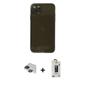 MARSİLYAN™- iPhone 11 Pro Max Kılıf Ahenk Doku - Siyah Bilvis Hayalet Cam Ekran Koruyucu + Pers Alüminyum Kamera Lens - SH