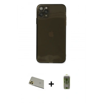 MARSİLYAN™- iPhone 11 Pro Max Kılıf Ahenk Doku - Siyah Joko Magic 5D Hayalet Cam + Rainbow Kamera Lens Koruma Cam - GD