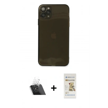 MARSİLYAN™- iPhone 11 Pro Max Kılıf Ahenk Doku - Siyah Mat Seramik Nano Ekran Koruyucu + Kamera Lens Koruma Cam - SF