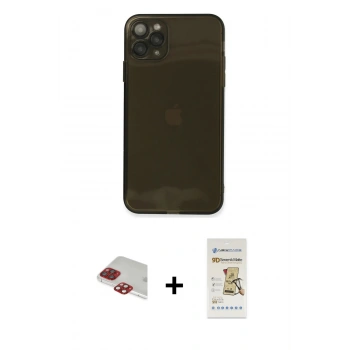 MARSİLYAN™- iPhone 11 Pro Max Kılıf Ahenk Doku - Siyah Mat Seramik Nano Ekran Koruyucu + Pers Alüminyum Kamera Lens - KI