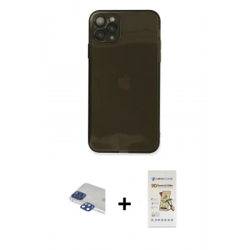 MARSİLYAN™- iPhone 11 Pro Max Kılıf Ahenk Doku - Siyah Mat Seramik Nano Ekran Koruyucu + Pers Alüminyum Kamera Lens - LT