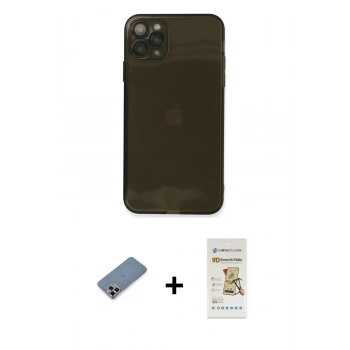 MARSİLYAN™- iPhone 11 Pro Max Kılıf Ahenk Doku - Siyah Mat Seramik Nano Ekran Koruyucu + Metal Kamera Lens Koruma Cam - MR