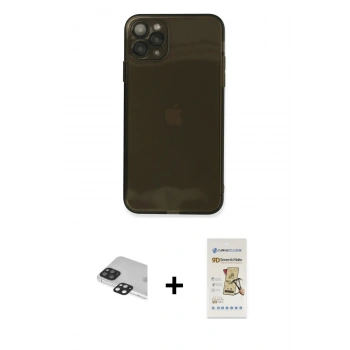 MARSİLYAN™- iPhone 11 Pro Max Kılıf Ahenk Doku - Siyah Mat Seramik Nano Ekran Koruyucu + Pers Alüminyum Kamera Lens - SH