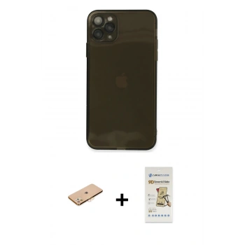 MARSİLYAN™- iPhone 11 Pro Max Kılıf Ahenk Doku - Siyah Mat Seramik Nano Ekran Koruyucu + Renkli Kamera Lens Koruma Cam - TU