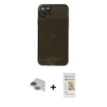 MARSİLYAN™- iPhone 11 Pro Max Kılıf Ahenk Doku - Siyah Mat Seramik Nano Ekran Koruyucu + Pers Alüminyum Kamera Lens - YL