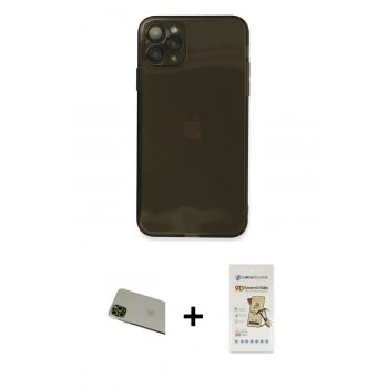 MARSİLYAN™- iPhone 11 Pro Max Kılıf Ahenk Doku - Siyah Mat Seramik Nano Ekran Koruyucu + Rainbow Kamera Lens Koruma Cam - YL