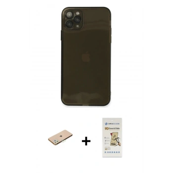 MARSİLYAN™- iPhone 11 Pro Max Kılıf Ahenk Doku - Siyah Mat Seramik Nano Ekran Koruyucu + Renkli Kamera Lens Koruma Cam - YL