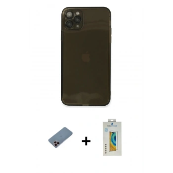 MARSİLYAN™- iPhone 11 Pro Max Kılıf Ahenk Doku - Siyah Polymer Nano Ekran Koruyucu + Shine Kamera Lens Koruma Cam - PE