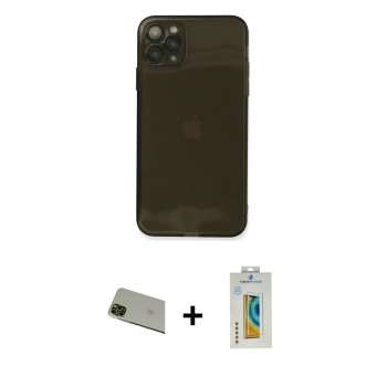 MARSİLYAN™- iPhone 11 Pro Max Kılıf Ahenk Doku - Siyah Polymer Nano Ekran Koruyucu + Rainbow Kamera Lens Koruma Cam - YL