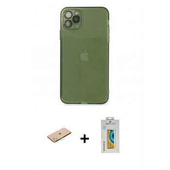 MARSİLYAN™- iPhone 11 Pro Max Kılıf Ahenk Doku - Siyah Polymer Nano Ekran Koruyucu + Renkli Kamera Lens Koruma Cam - SI