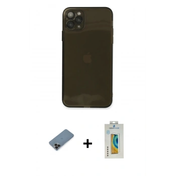 MARSİLYAN™- iPhone 11 Pro Max Kılıf Ahenk Doku - Siyah Polymer Nano Ekran Koruyucu + Metal Kamera Lens Koruma Cam - SH