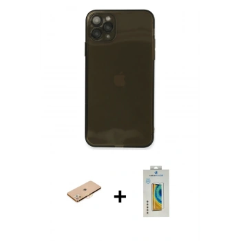 MARSİLYAN™- iPhone 11 Pro Max Kılıf Ahenk Doku - Siyah Polymer Nano Ekran Koruyucu + Renkli Kamera Lens Koruma Cam - TU