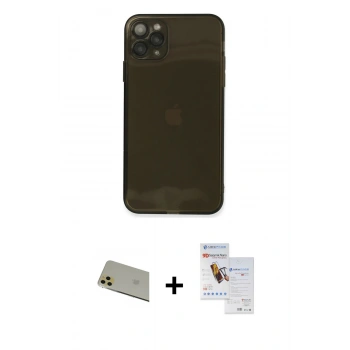 MARSİLYAN™- iPhone 11 Pro Max Kılıf Ahenk Doku - Siyah Seramik Nano Ekran Koruyucu + Rainbow Kamera Lens Koruma Cam - GD