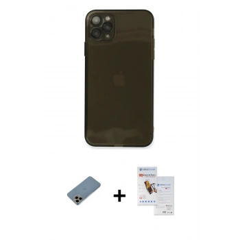 MARSİLYAN™- iPhone 11 Pro Max Kılıf Ahenk Doku - Siyah Seramik Nano Ekran Koruyucu + Shine Kamera Lens Koruma Cam - GD