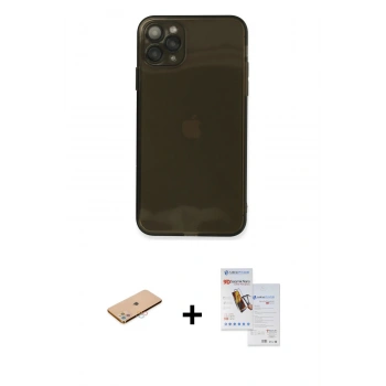 MARSİLYAN™- iPhone 11 Pro Max Kılıf Ahenk Doku - Siyah Seramik Nano Ekran Koruyucu + Renkli Kamera Lens Koruma Cam - PE