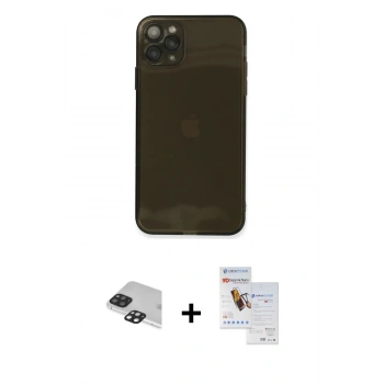 MARSİLYAN™- iPhone 11 Pro Max Kılıf Ahenk Doku - Siyah Seramik Nano Ekran Koruyucu + Pers Alüminyum Kamera Lens - SH