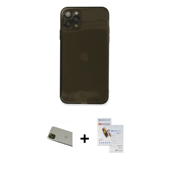MARSİLYAN™- iPhone 11 Pro Max Kılıf Ahenk Doku - Siyah Seramik Nano Ekran Koruyucu + Rainbow Kamera Lens Koruma Cam - YL