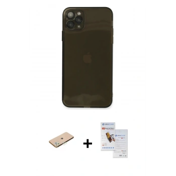 MARSİLYAN™- iPhone 11 Pro Max Kılıf Ahenk Doku - Siyah Seramik Nano Ekran Koruyucu + Renkli Kamera Lens Koruma Cam - YL