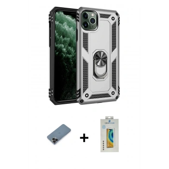MARSİLYAN™- iPhone 11 Pro Max Kılıf Ahenk Klasik Koleksiyonu - Siyah Polymer Nano Ekran Koruyucu + Metal Kamera Lens Koruma Cam - SH