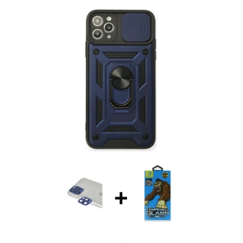 MARSİLYAN™- iPhone 11 Pro Max Kılıf Ahenk Klasik - Siyah 18D Cam Ekran Koruyucu + Pers Alüminyum Kamera Lens - LT