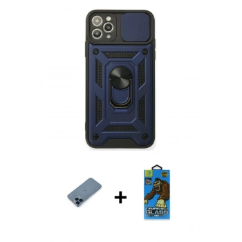 MARSİLYAN™- iPhone 11 Pro Max Kılıf Ahenk Klasik - Siyah 18D Cam Ekran Koruyucu + Metal Kamera Lens Koruma Cam - MI