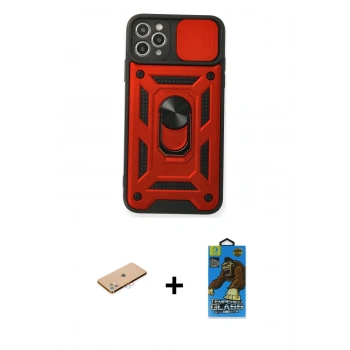 MARSİLYAN™- iPhone 11 Pro Max Kılıf Ahenk Klasik - Siyah 18D Cam Ekran Koruyucu + Renkli Kamera Lens Koruma Cam - PE