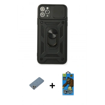 MARSİLYAN™- iPhone 11 Pro Max Kılıf Ahenk Klasik - Siyah 18D Cam Ekran Koruyucu + Shine Kamera Lens Koruma Cam - GS