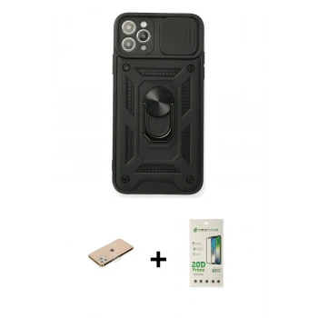 MARSİLYAN™- iPhone 11 Pro Max Kılıf Ahenk Klasik - Siyah 20D Premium Cam Ekran Koruyucu + Renkli Kamera Lens Koruma Cam - YL