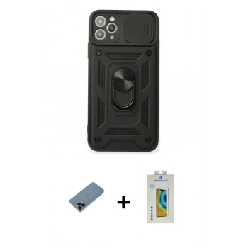 MARSİLYAN™- iPhone 11 Pro Max Kılıf Ahenk Klasik - Siyah Polymer Nano Ekran Koruyucu + Shine Kamera Lens Koruma Cam - SH