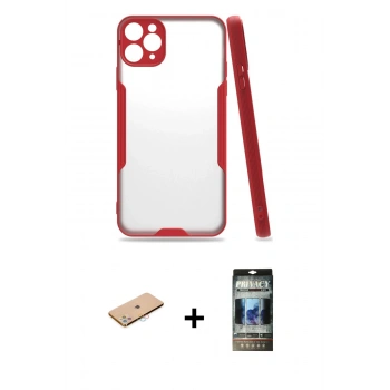MARSİLYAN™- iPhone 11 Pro Max Kılıf Atlas Asil Serisi - Siyah 34D Hayalet Izgaralı Cam + Renkli Kamera Lens Koruma Cam - PE