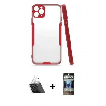 MARSİLYAN™- iPhone 11 Pro Max Kılıf Atlas Asil Serisi - Siyah 34D Hayalet Izgaralı Cam + Kamera Lens Koruma Cam - SF