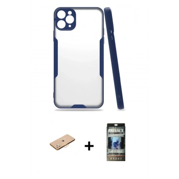 MARSİLYAN™- iPhone 11 Pro Max Kılıf Atlas Asil Serisi - Siyah 34D Hayalet Izgaralı Cam + Renkli Kamera Lens Koruma Cam - TU
