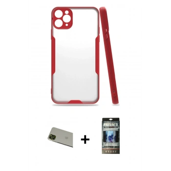 MARSİLYAN™- iPhone 11 Pro Max Kılıf Atlas Asil Serisi - Siyah 34D Hayalet Izgaralı Cam + Rainbow Kamera Lens Koruma Cam - YL