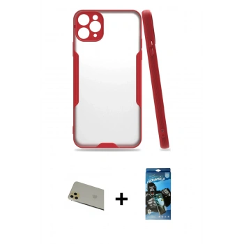 MARSİLYAN™- iPhone 11 Pro Max Kılıf Atlas Asil Serisi - Siyah 34D Izgaralı Cam + Rainbow Kamera Lens Koruma Cam - GD