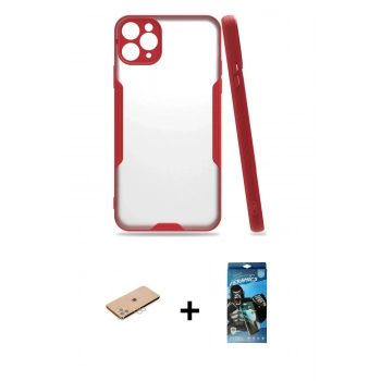 MARSİLYAN™- iPhone 11 Pro Max Kılıf Atlas Asil Serisi - Siyah 34D Izgaralı Cam + Renkli Kamera Lens Koruma Cam - PE